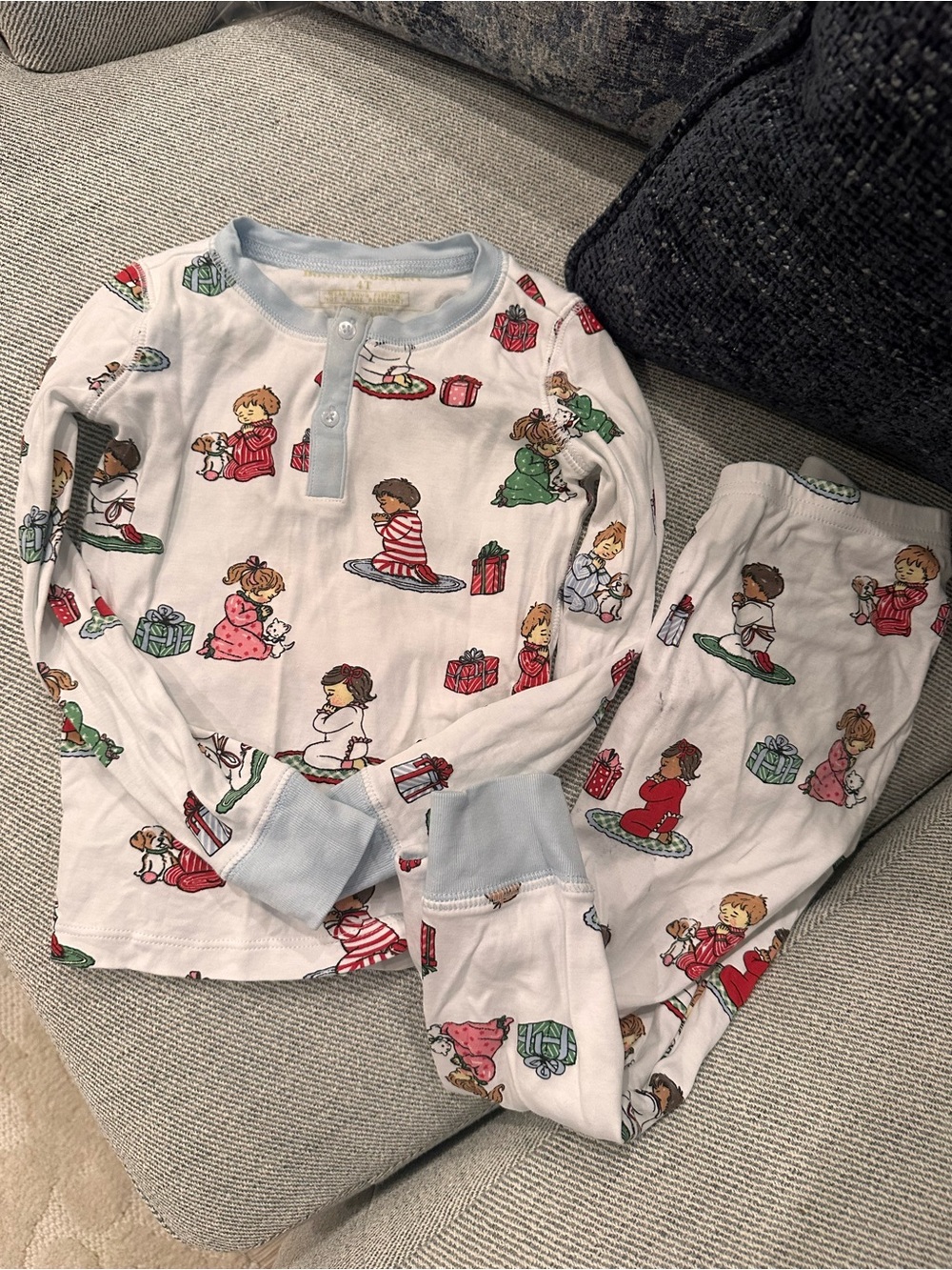 Kids Long Sleeve Pajama Set in White with Holiday Character Print